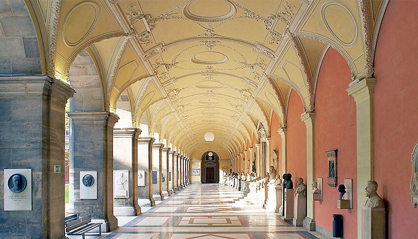 Arcaded Courtyard of the University of Vienna with busts of famous researchers.